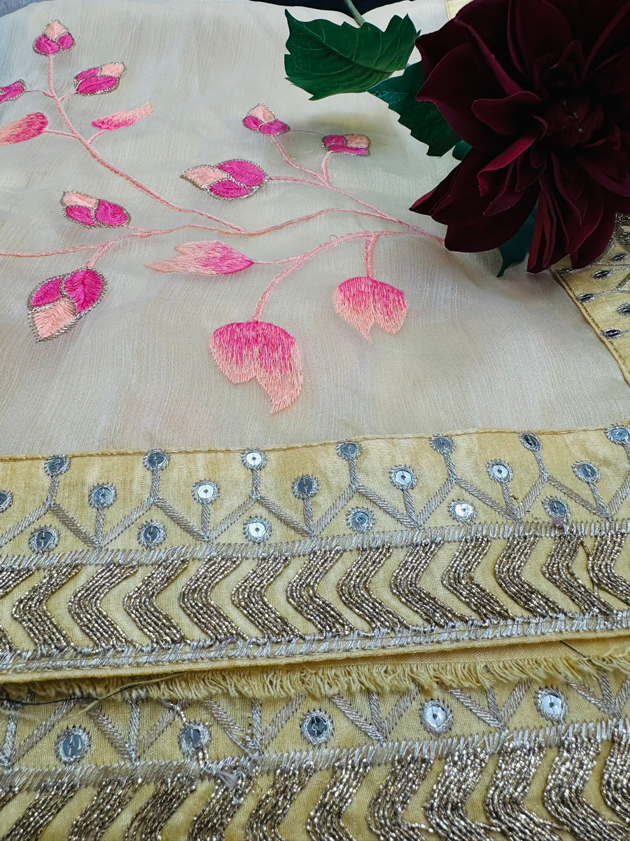 Corn Silk Organza Saree with Sequin and thread work