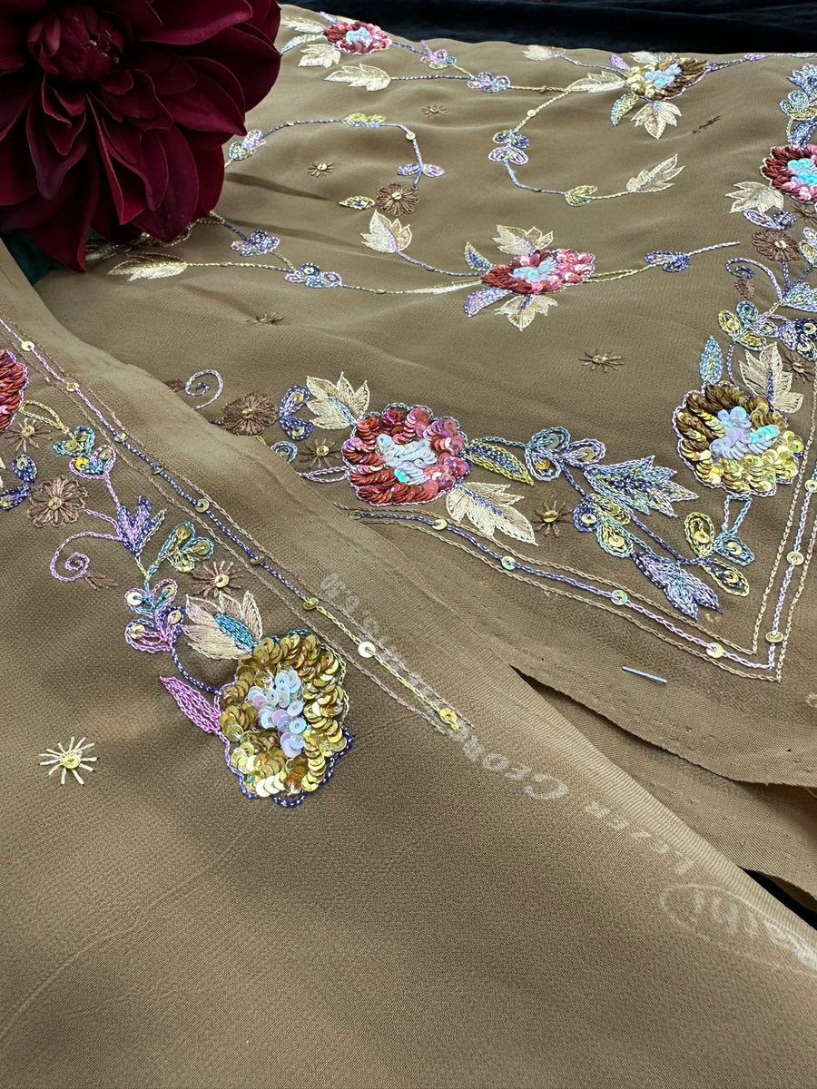 Khakhi Georgette Saree with sequin and thread work