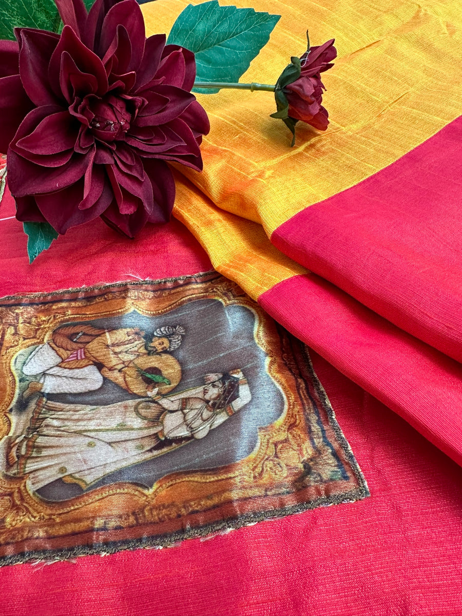 Yellow-Pink Kalamkari Silk Saree