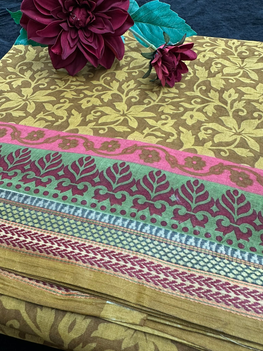 Brown Printed Cotton Saree