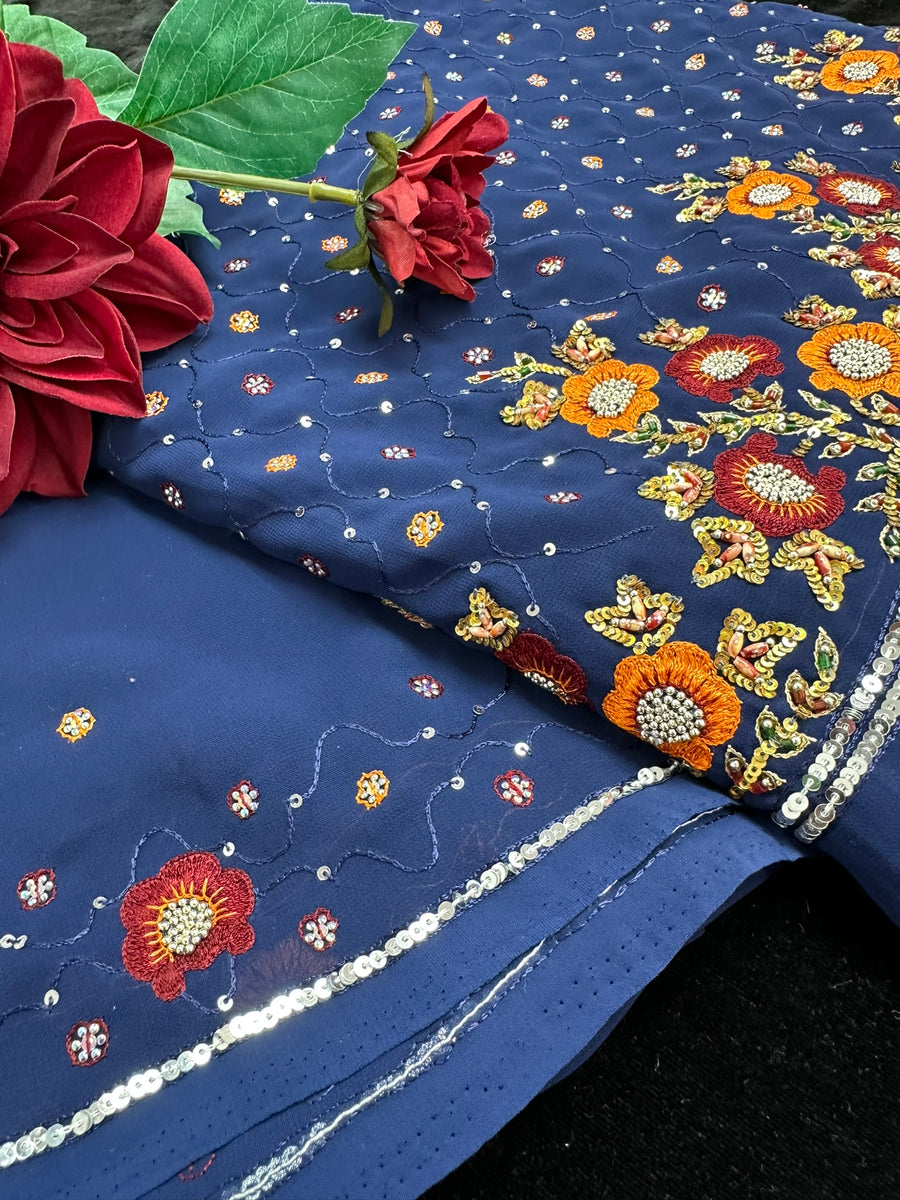 Dark Blue Georgette Saree with Thread embroidery