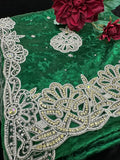 Green Crepe Saree with bead work and pearl Work