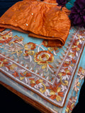 Beige Net  Saree with threadwork and orange Stitched Blouse