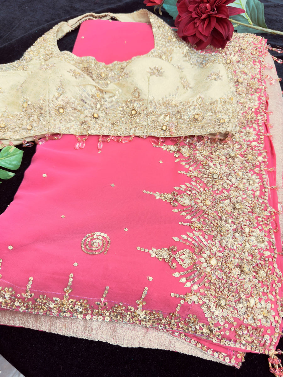 Hot Pink Georgette Saree with Stitched Blouse