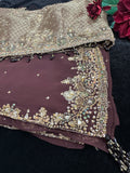 Brown Georgette Saree with heavy Embroidery and Stitched Blouse