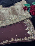 Brown Georgette Saree with heavy Embroidery and Stitched Blouse