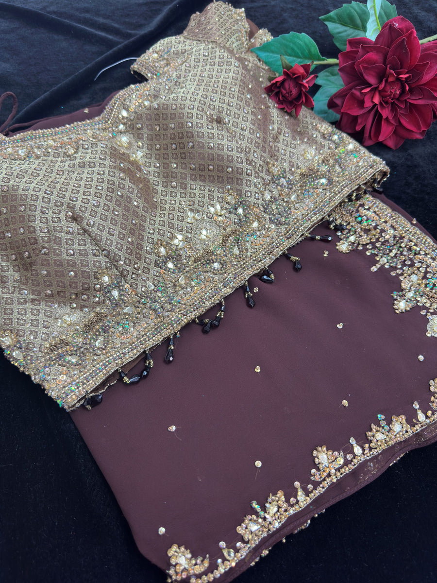 Brown Georgette Saree with heavy Embroidery and Stitched Blouse