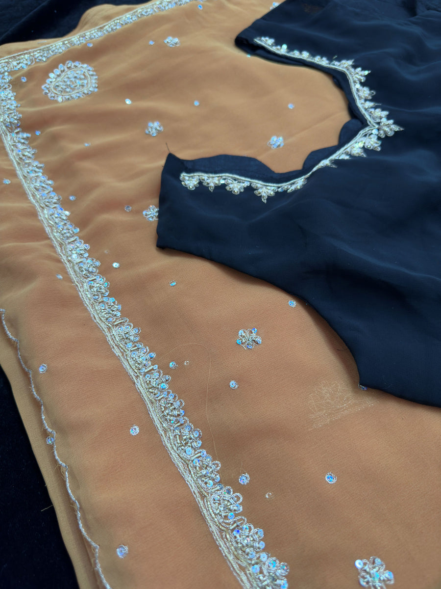 Mustard Georgette Saree with  Embroidery and SemiStitched Blouse