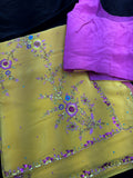 Yellow Georgette Saree with  Embroidery and Semi Stitched Blouse