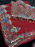 Maroon Georgette Saree with heavy Embroidery and Stitched Blouse