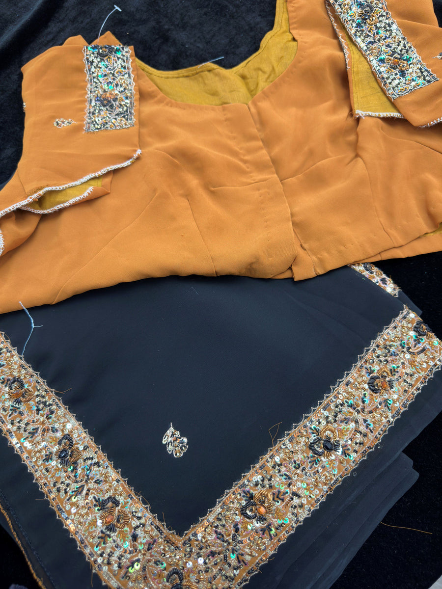 Black Georgette Saree with  Embroidery and Semi Stitched Blouse
