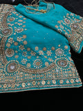 Dark Turquoise georgette Saree with heavy Embroidery and Stitched Blouse
