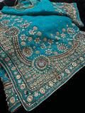 Dark Turquoise georgette Saree with heavy Embroidery and Stitched Blouse
