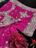 Magenta Pink georgette Saree with heavy Embroidery and Stitched Blouse