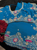 Blue georgette Saree with heavy Embroidery and Stitched Blouse