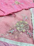 Baby Pink Net Saree with  Embroidery and Stitched Blouse