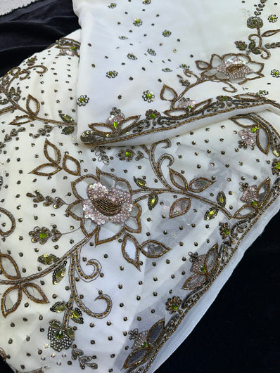 Ivory Readymade Pleated Saree with UnStitched Blouse