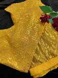Mustard Gold Readymade Pleated Sequin  Saree with Stitched Blouse