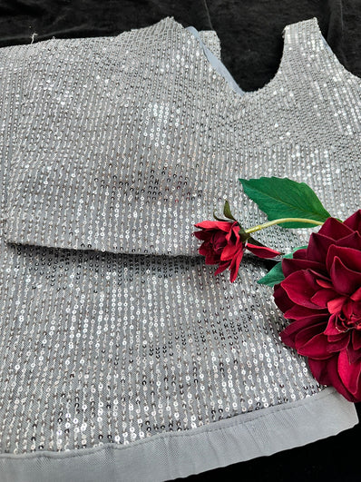 Grey Silver Readymade Pleated Sequin  Saree with Stitched Blouse