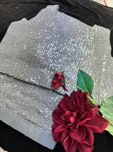 Grey Silver Readymade Pleated Sequin  Saree with Stitched Blouse