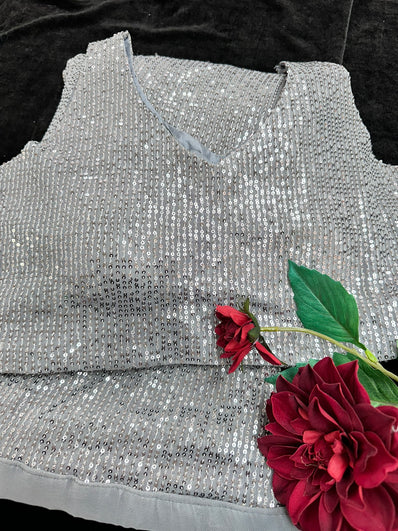Grey Silver Readymade Pleated Sequin  Saree with Stitched Blouse