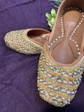 Golden Beaded Punjabi Jutti - Handcrafted Ethnic Footwear with Pearl & Mirror Embroidery