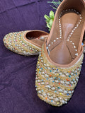 Golden Beaded Punjabi Jutti - Handcrafted Ethnic Footwear with Pearl & Mirror Embroidery