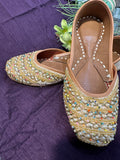 Golden Beaded Punjabi Jutti - Handcrafted Ethnic Footwear with Pearl & Mirror Embroidery