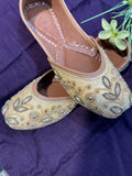 Golden Floral Embroidered Punjabi Jutti – Handcrafted Ethnic Footwear with Beads & Zari Work for Weddings & Festive Wear