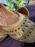 Gold Beaded Punjabi Jutti – Handcrafted Ethnic Footwear with Intricate Pearl & Mirror Embellishments for Weddings & Festive Wear