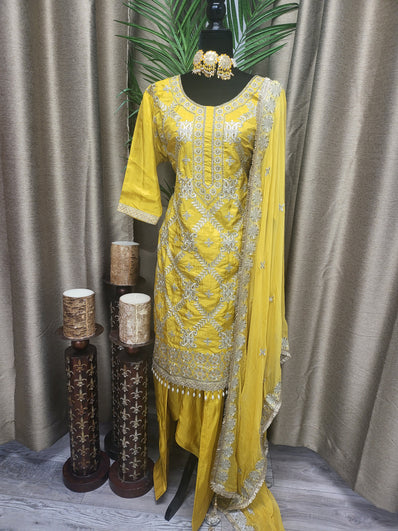 Partywear Designer Suit. Mustard Yellow