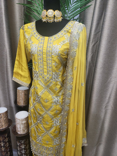 Partywear Designer Suit. Mustard Yellow