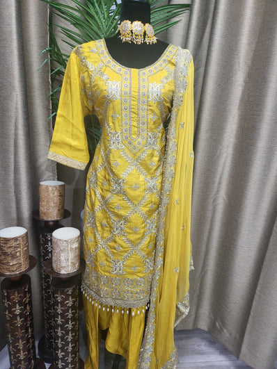 Partywear Designer Suit. Mustard Yellow