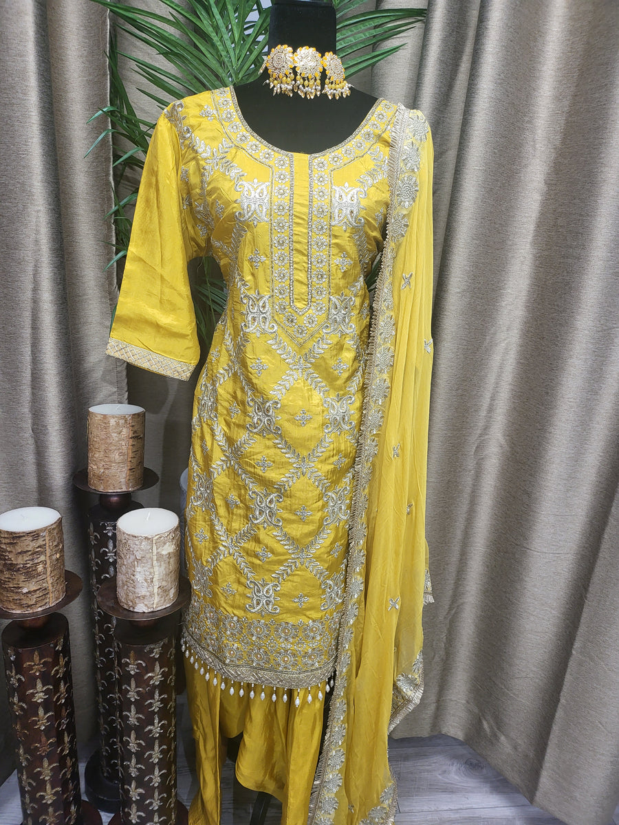 PSL25 Partywear Designer Suit. Available in Yellow and Light Gold
