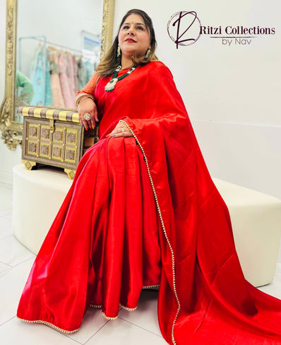 Red Readymade Pleated Satin  Saree with Stitched Blouse