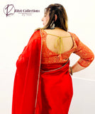 Red Readymade Pleated Satin  Saree with Stitched Blouse