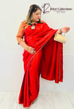 Red Readymade Pleated Satin  Saree with Stitched Blouse