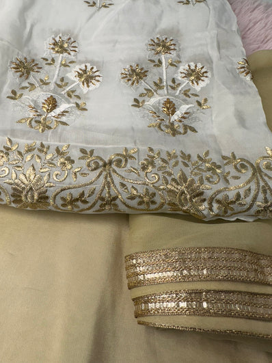 Unstitched Suit Material- 275 White- Gold