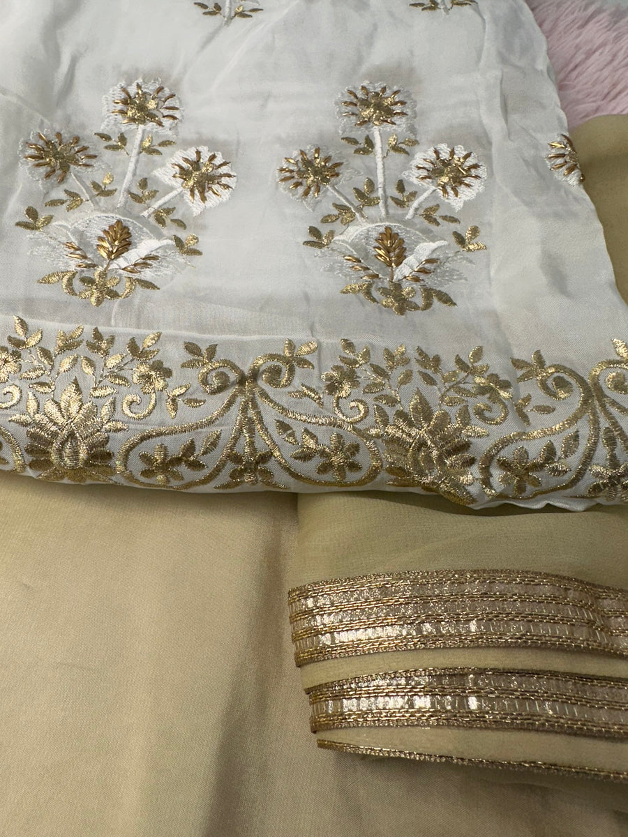 Unstitched Suit Material- 275 White- Gold