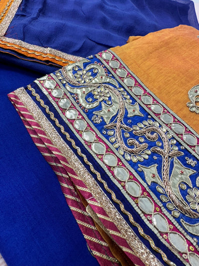 Unstitched Suit Material- 351 Mustard-Blue