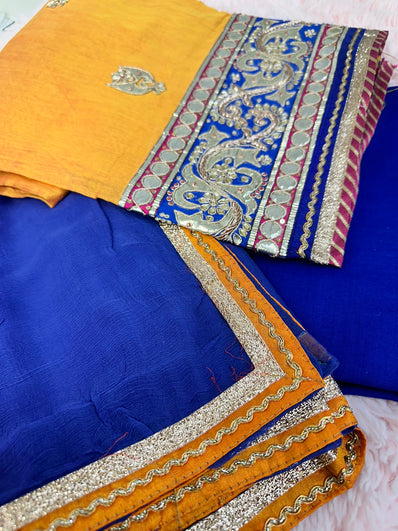 Unstitched Suit Material- 351 Mustard-Blue