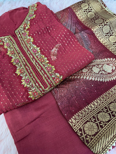 Semi Stitched Suit Material- 432 Maroon