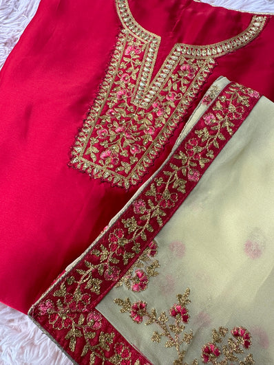 Semi Stitched Suit Material- 430  Red
