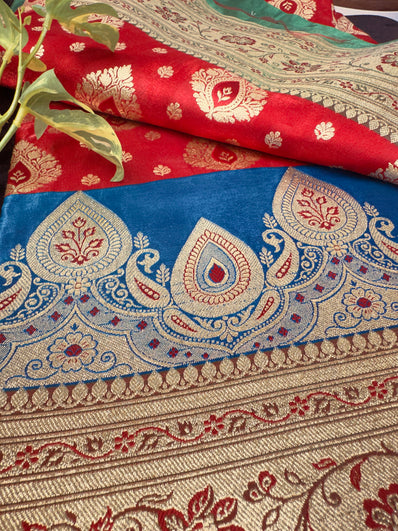 Majestic Red Blue Banarasi Silk Saree