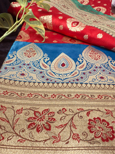 Majestic Red Blue Banarasi Silk Saree