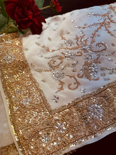 White Georgette Saree with Exquisite Bead and Sequin Embellishments