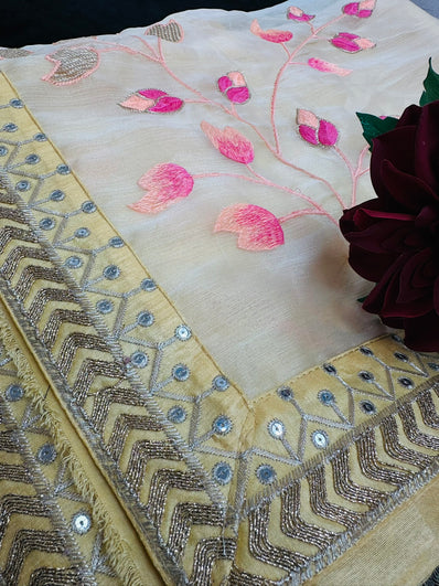 Corn Silk Organza Saree with Sequin and thread work