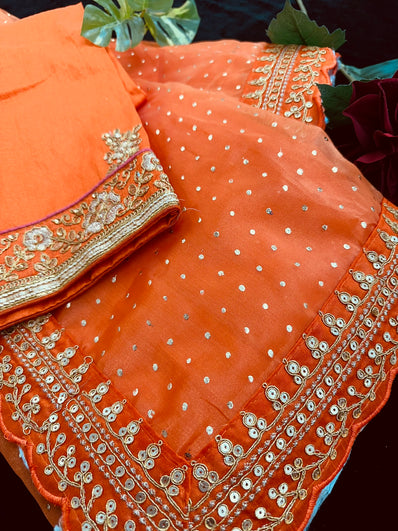Orange Organza Saree with sequin work