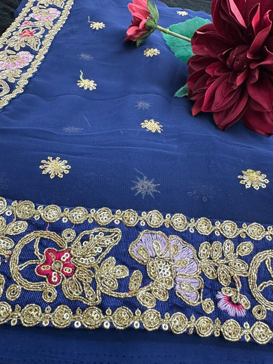 Blue Georgette Saree with zari, thread and sequin work