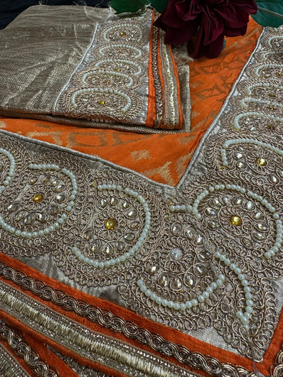 Orange Banarsi Saree finished with bead Lace